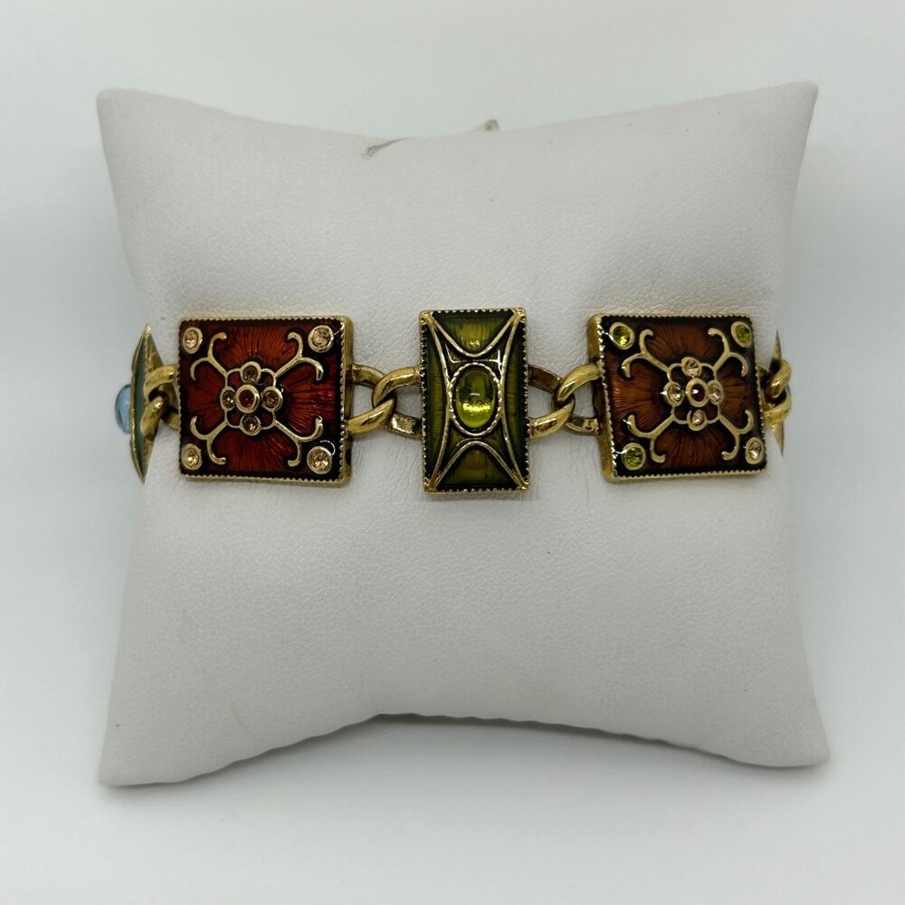Vintage Liz Claiborne Enamel Floral Panel Bracelet With Green & Red Details Gold